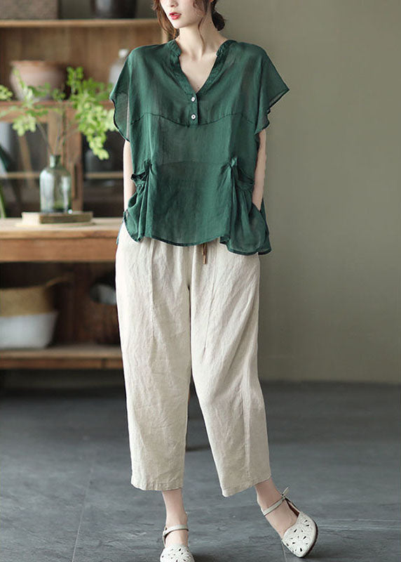 Green V Neck Button Fall Short Sleeve Blouse Top