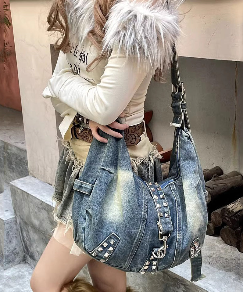 Retro Denim Blue Rivet Large Capacity Messenger Bag