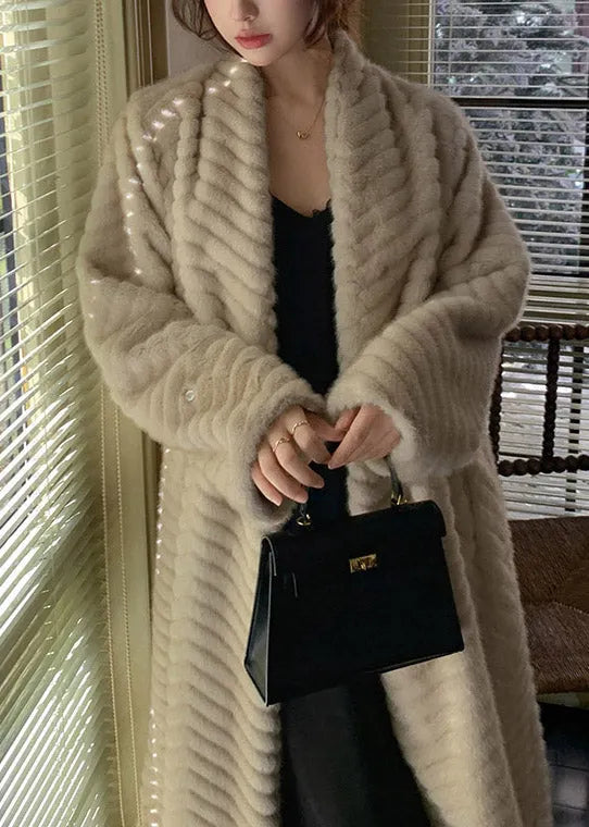 Beige Oversized Faux Mink Hair Trench Coats Winter