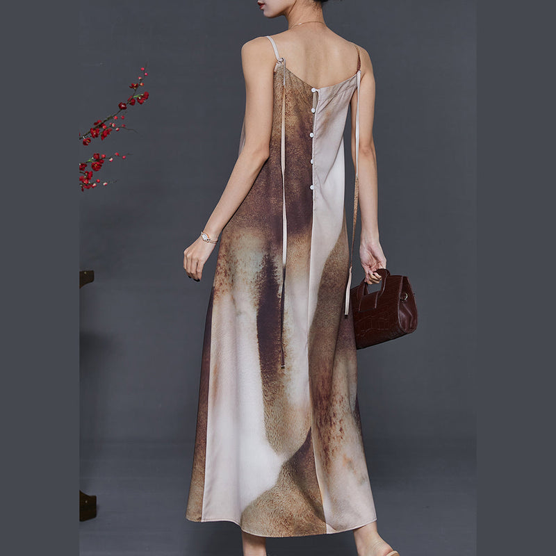Brown Tie Dye Draping Silk Spaghetti Strap Dress Summer