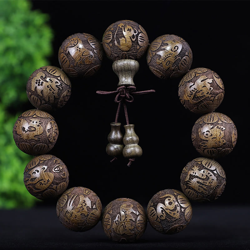 Buddha Stones Chinese Zodiac Rosewood Ebony Copper Coin Pixiu Carved Warmth Bracelet