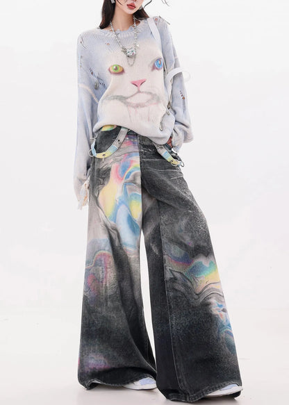 Black Oversized Tie Dye Denim Wide Leg Pants Fall