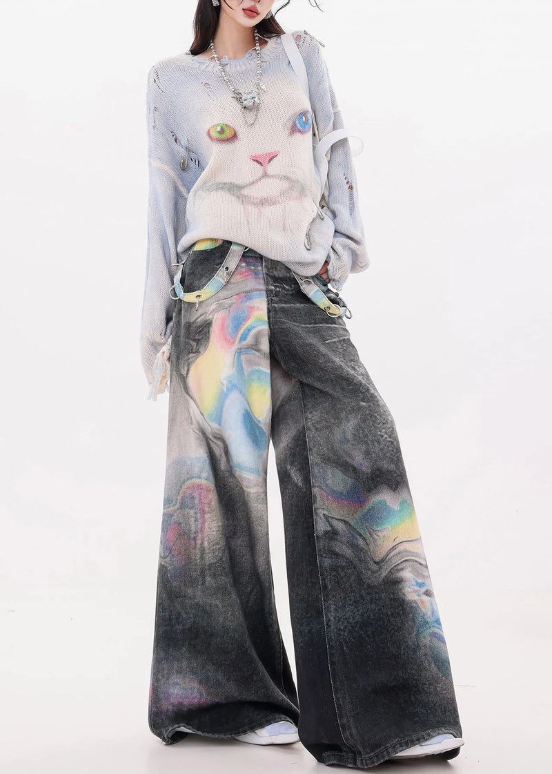 Black Oversized Tie Dye Denim Wide Leg Pants Fall