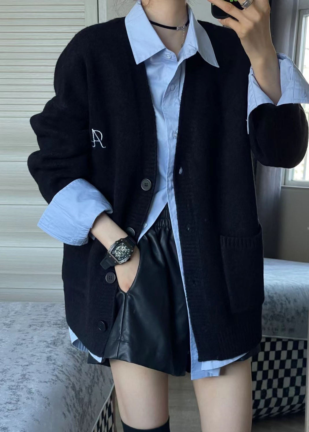 Simple Black V Neck Knit Cardigans and Blue Shirts Two Piece Set Fall