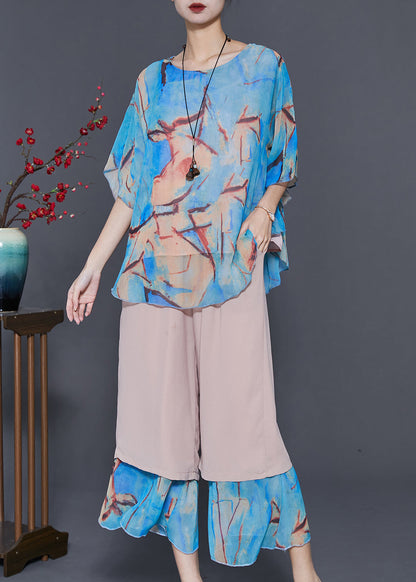 Blue Patchwork Chiffon Sets 2 Pieces Oversized Summer