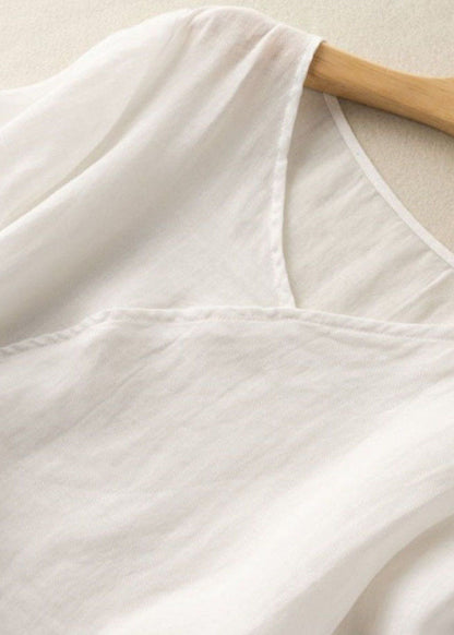 White V Neck Button Patchwork Linen Shirt Top Summer
