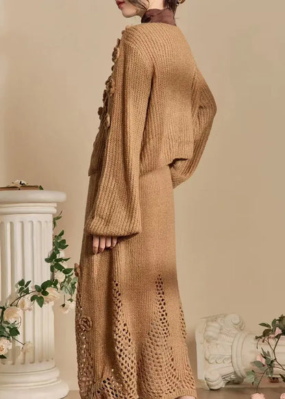 Dark Khaki Lace Up Hollow Out Knit Two Piece Set Spring