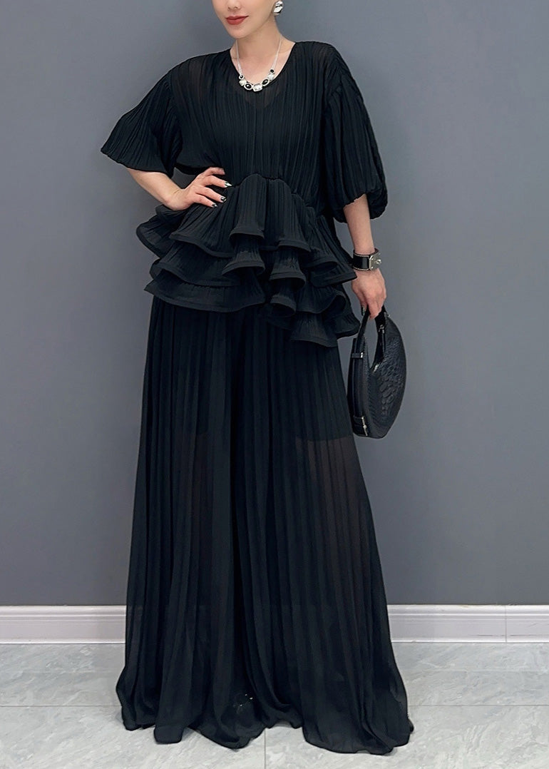 Black U Neck Ruffled Patchwork Two Pieces Set Summer