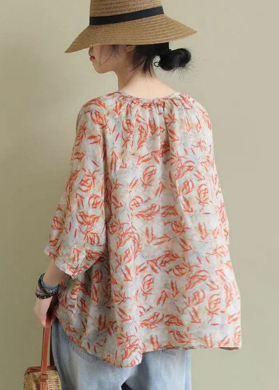 V Neck Print Loose Fall Shirt Half Sleeve