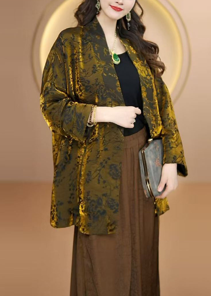 Gold V Neck Jacquard Silk Cardigan Fall
