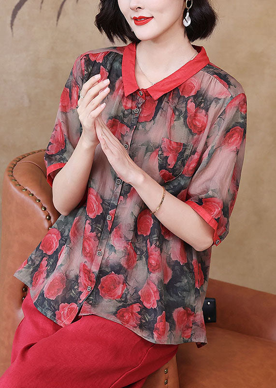 Red Peter Pan Collar Print Button Patchwork Linen Top Summer