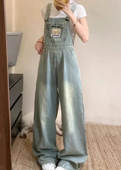 New Blue Embroidered Pockets Denim Jumpsuit Sleeveless