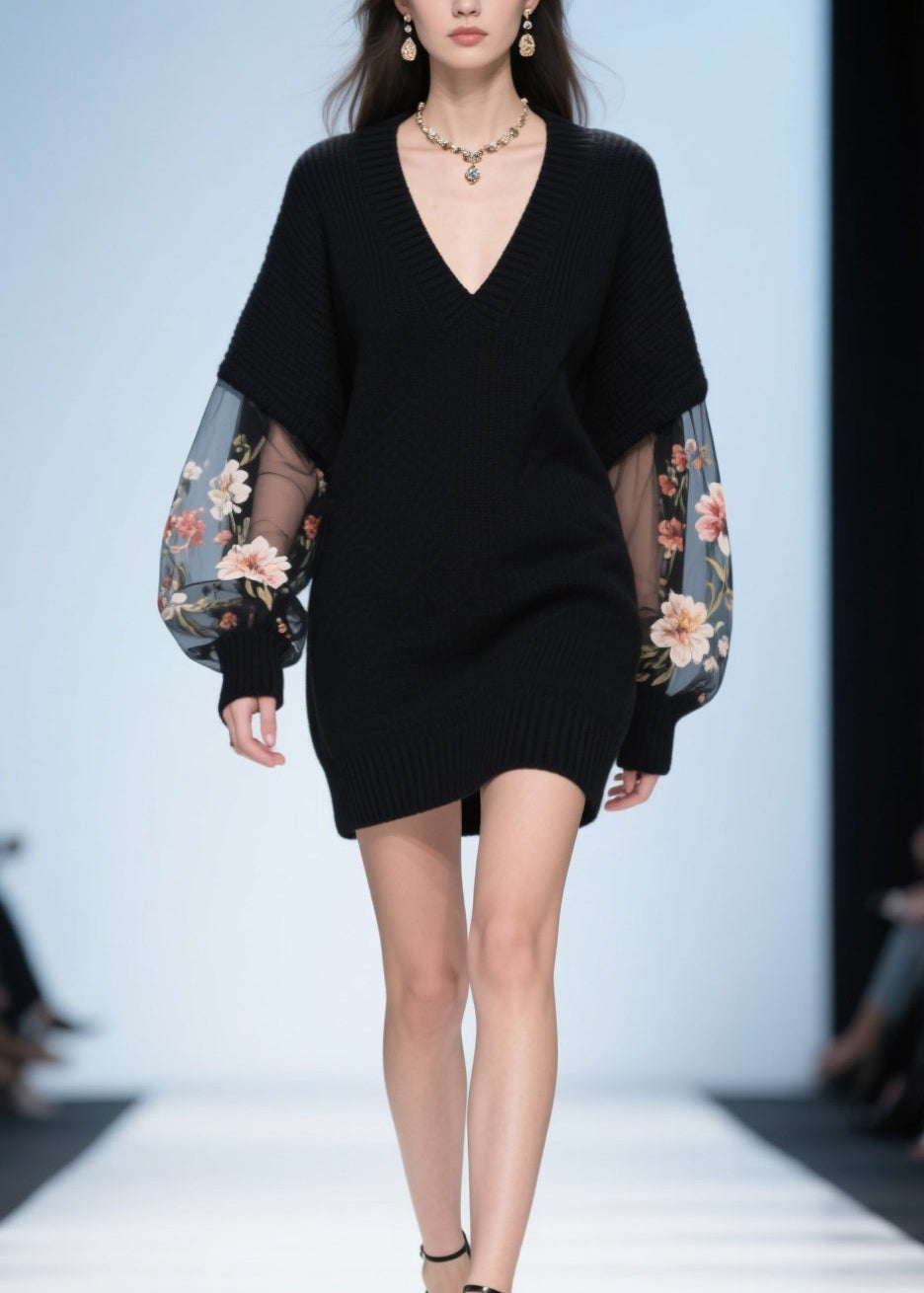 Black V Neck Tulle Patchwork Knit Sweater Fall