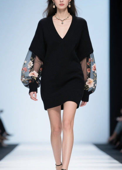 Black V Neck Tulle Patchwork Knit Sweater Fall