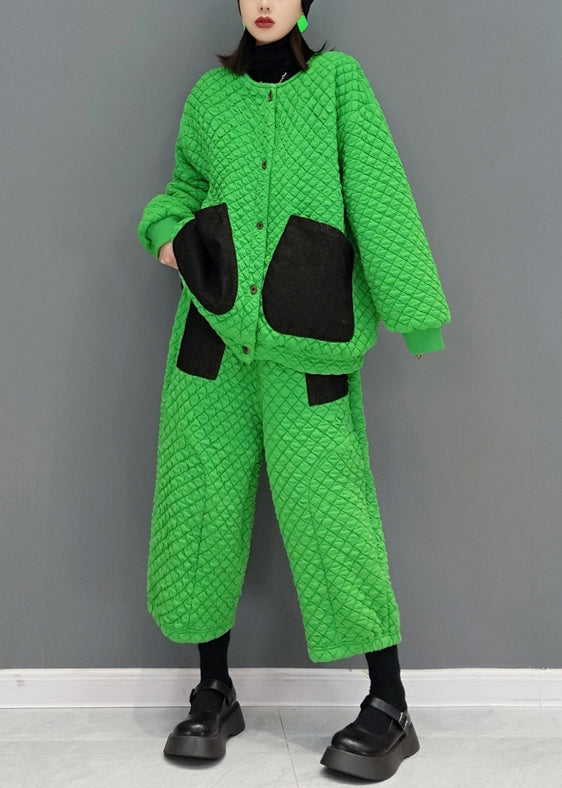 Green Pockets Patchwork Fine Cotton Filled Two Pieces Set Fall