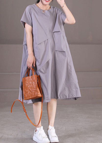 Grey Wrinkled Color Cotton Vacation Dresses Short Sleeve
