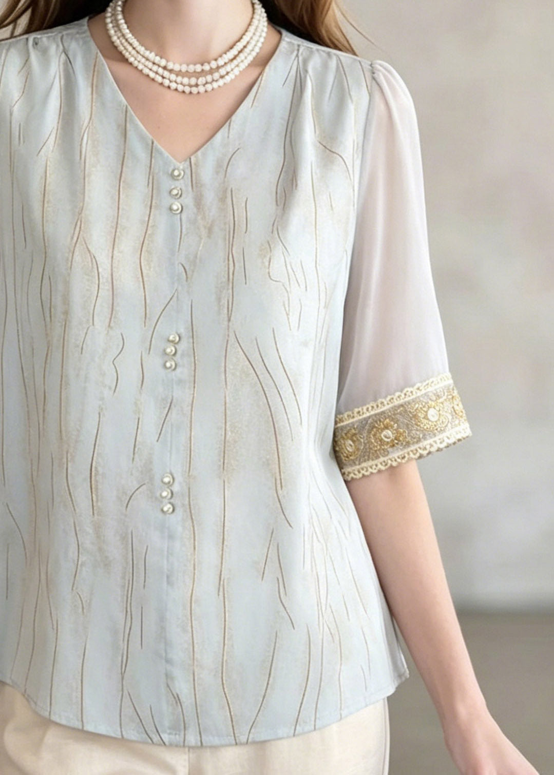 Blue V Neck Patchwork Shirt Summer