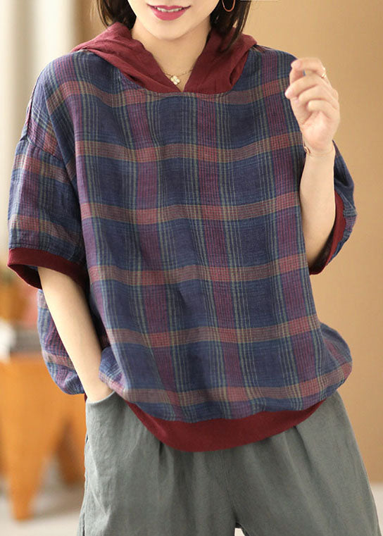 Rose Hooded Patchwork Striped Cotton Linen Top Short Sleeve