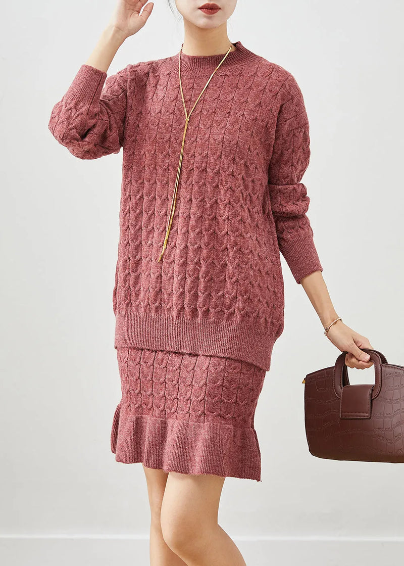 Brick Red Ruffles Knit Two Pieces Set Fall