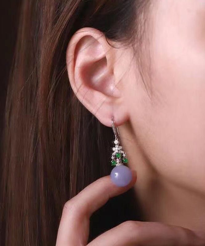 Green Sterling Silver Zircon Jade Ball Drop Earrings