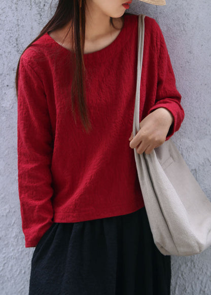 Mulberry O-neck Jacquard Linen Tops Long Sleeve