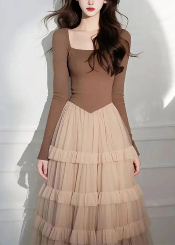 Coffee Square Collar Tulle Patchwork Long Cake Dress Spring