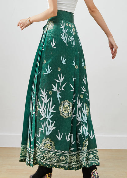 Green Bamboo Leaf Print Exra Large Hem Silk Pleated Skirts Fall