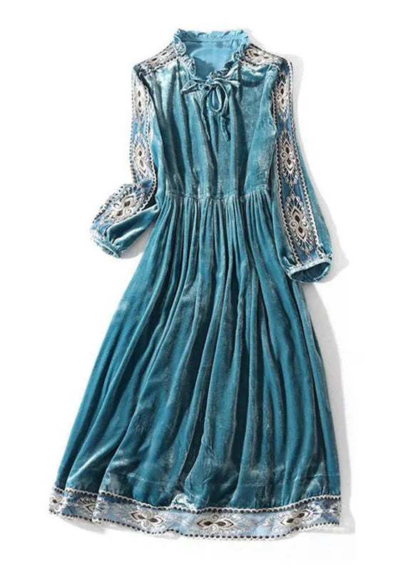 Peacock Blue Ruffled Embroideried Patchwork Silk Velour Dress Spring