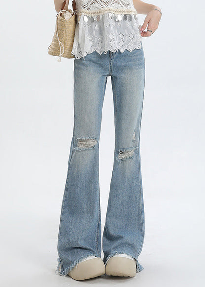 New Blue High Waist Tasseled Ripped Jeans Summer