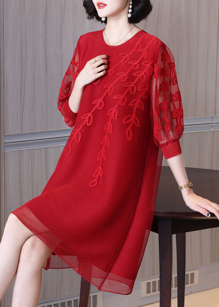 Stylish Red Embroideried Tulle Mid Dress Bracelet Sleeve