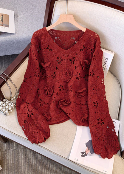Boutique Red Oversized Decorated Knit Sweaters Fall