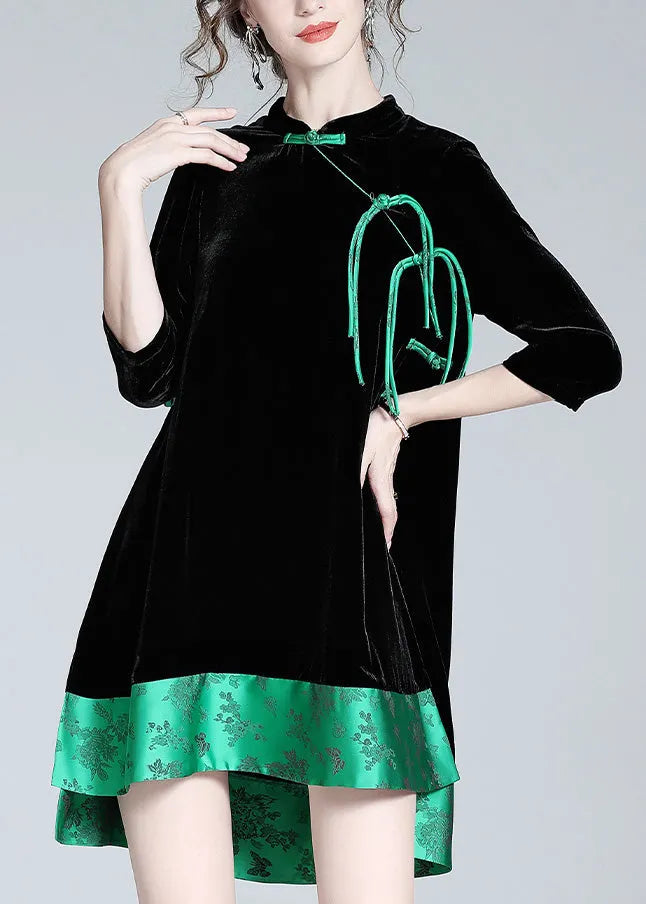Black Stand Collar Print Low High Design Silk Velour Maxi Dresses Long Sleeve