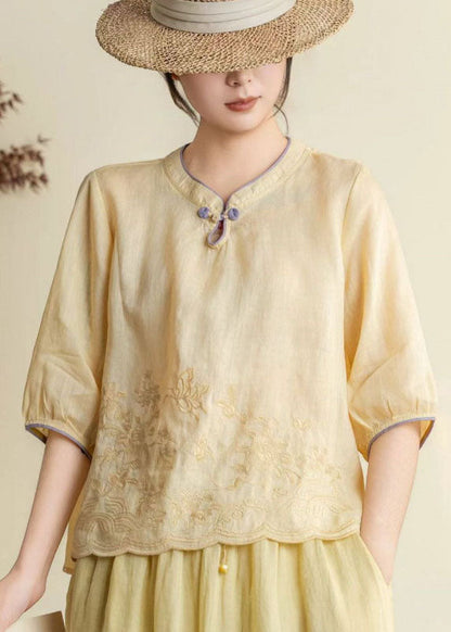 Orange Stand Collar Embroidered Linen Shirt Summer