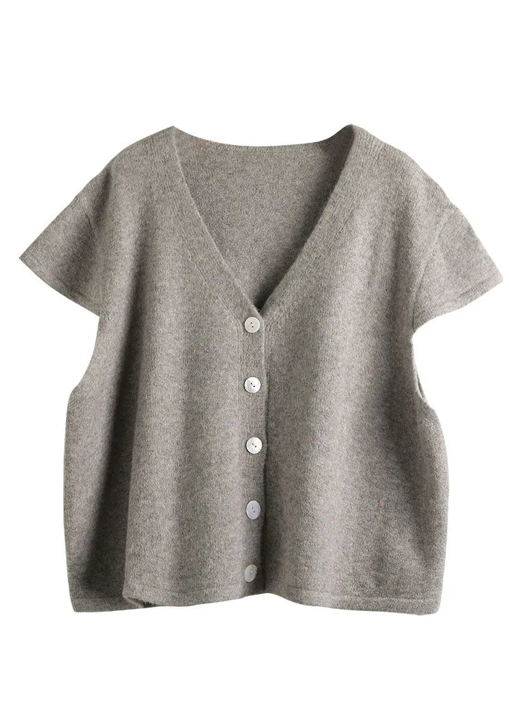Simple Beige V Neck Button Knitted Blend Waistcoat Short Sleeve