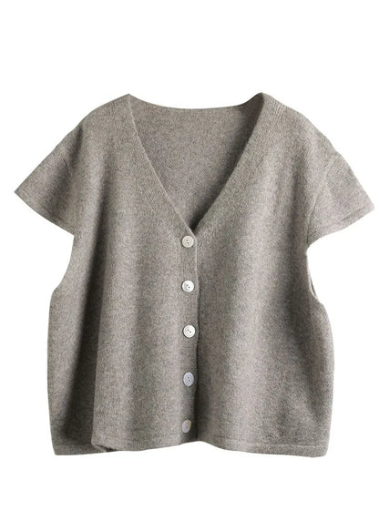Simple Beige V Neck Button Knitted Blend Waistcoat Short Sleeve