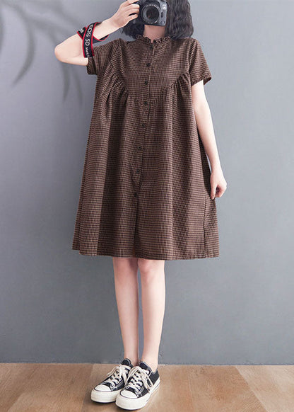 Brown Wrinkled Ruffled Plaid Cotton Dress Short Sleeve
