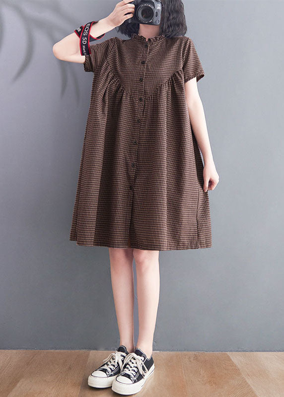 Brown Wrinkled Ruffled Plaid Cotton Dress Short Sleeve