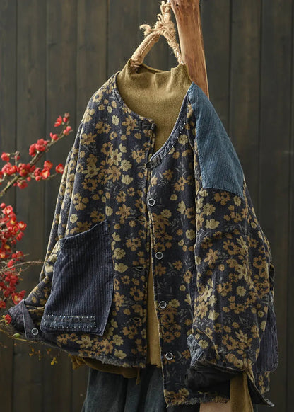 Coffee Print Pockets Denim Patchwork Fine Cotton Filled Jacket Winter