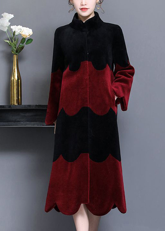 Black Red Stand Collar Patchwork Wool Coat Winter