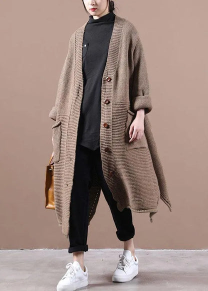Chocolate V Neck Pockets Fall Long Sweater Coat