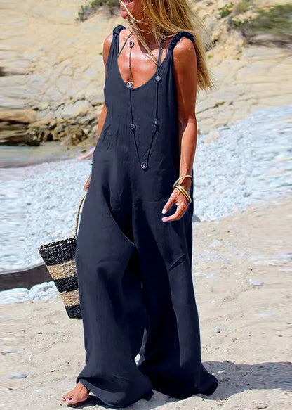 Female Navy Blue Sleeveless Wide Leg Side Button Jumpsuit