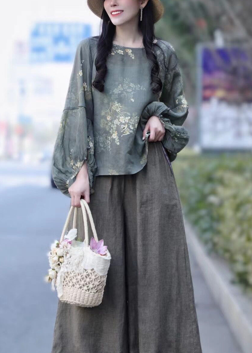 Grey Loose Linen Shirt Tops O-neck Batwing Sleeve