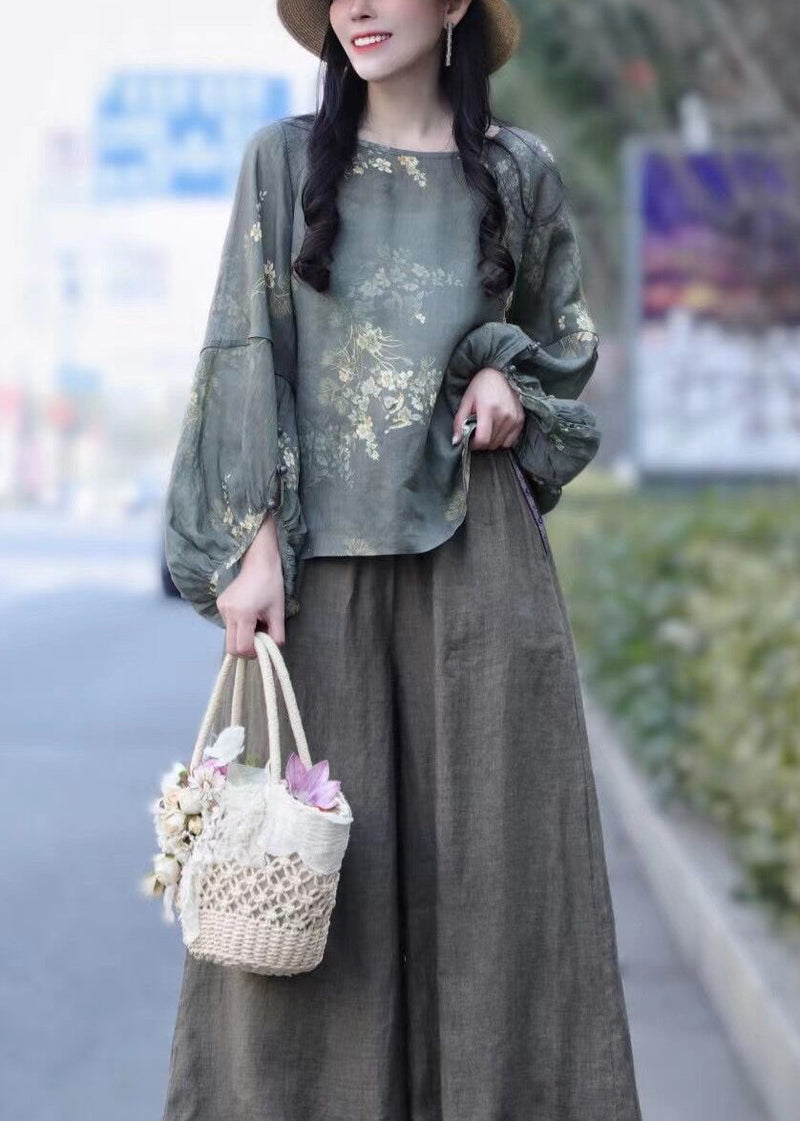 Grey Loose Linen Shirt Tops O-neck Batwing Sleeve