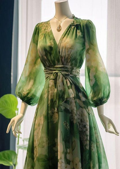 French Green V Neck Print High Waist Chiffon Dresses Long Sleeve Summer