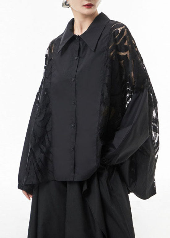 Black Peter Pan Collar Lace Patchwork Blouse Tops Spring