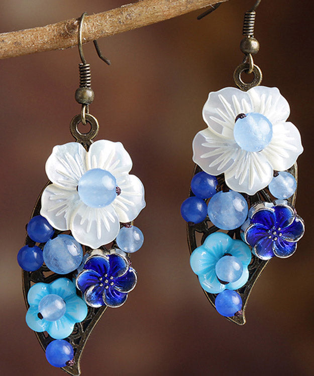 Blue White Copper Shell Flower Chalcedony Cloisonne Drop Earrings