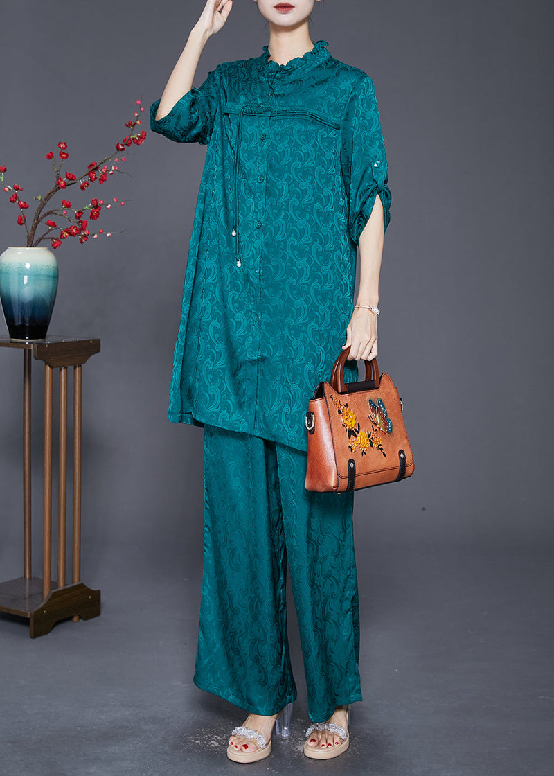 Green Ruffled Tasseled Silk Sets 2 Pieces Fall