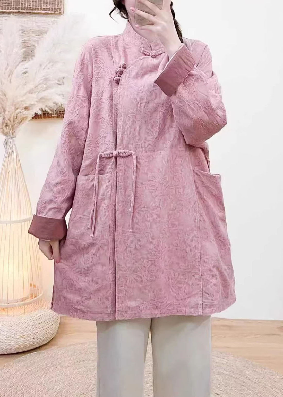 New Yellow Jacquard Pockets Chinese Button Coat Spring