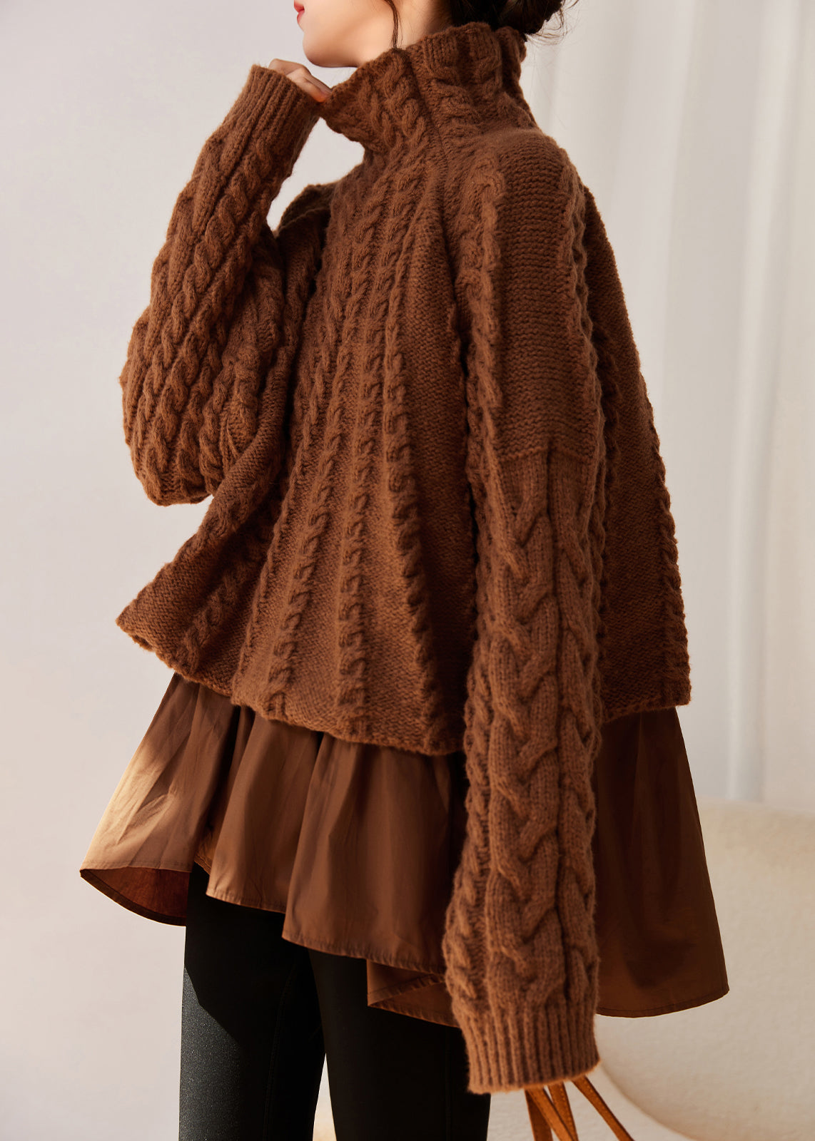 Style Beige Hign Neck False Two Pieces Knit Sweaters Winter
