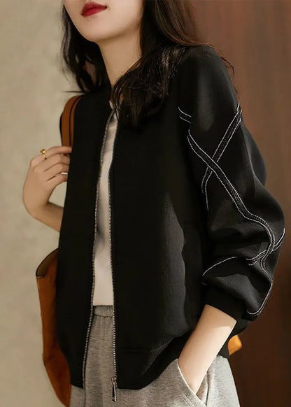 Black O-neck Patchwork Zippered Jackets Long Sleeve